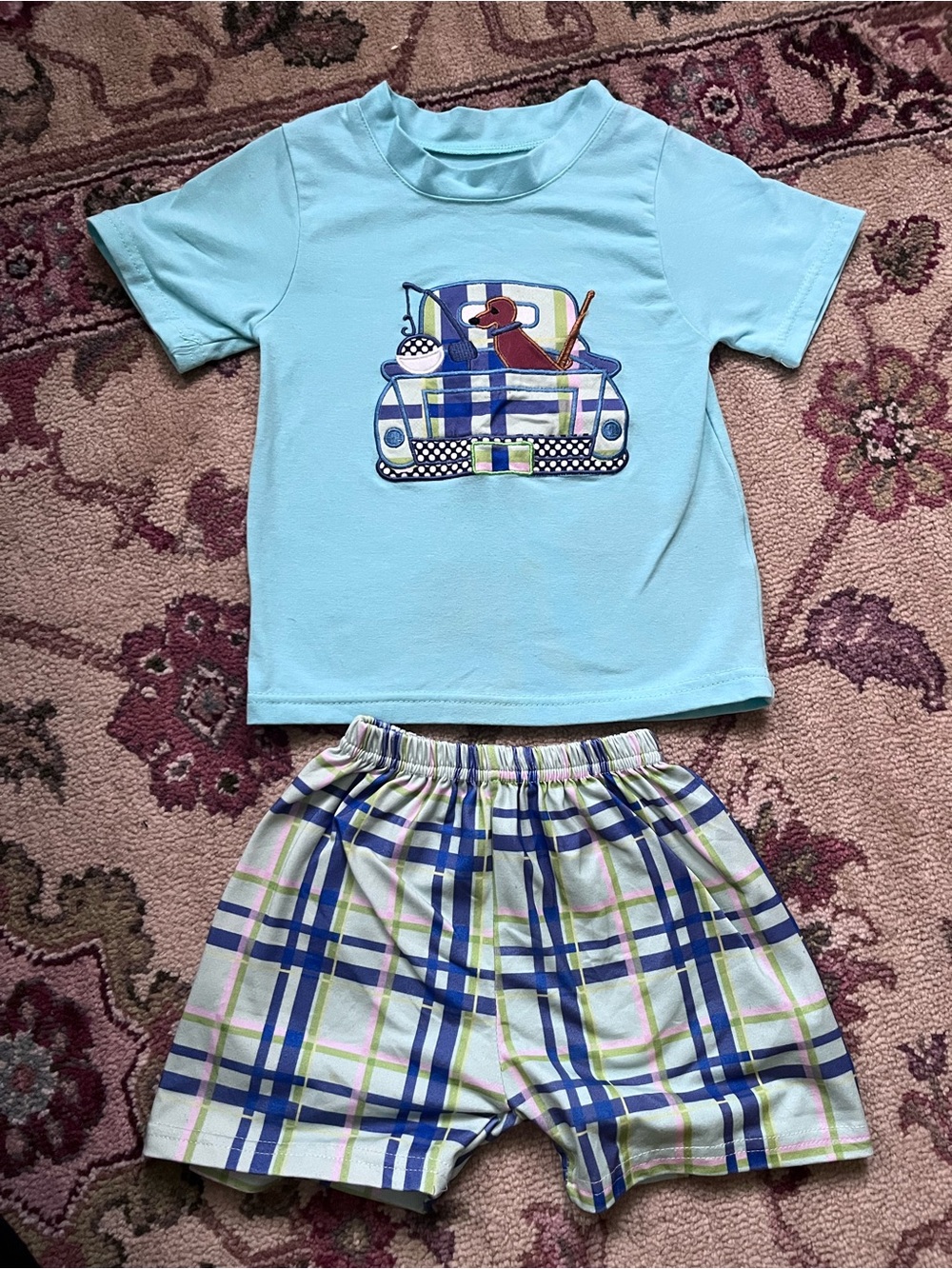 Light Blue Kids Fishing Tee & Plaid Shorts Set - Blue & Green Size 2T